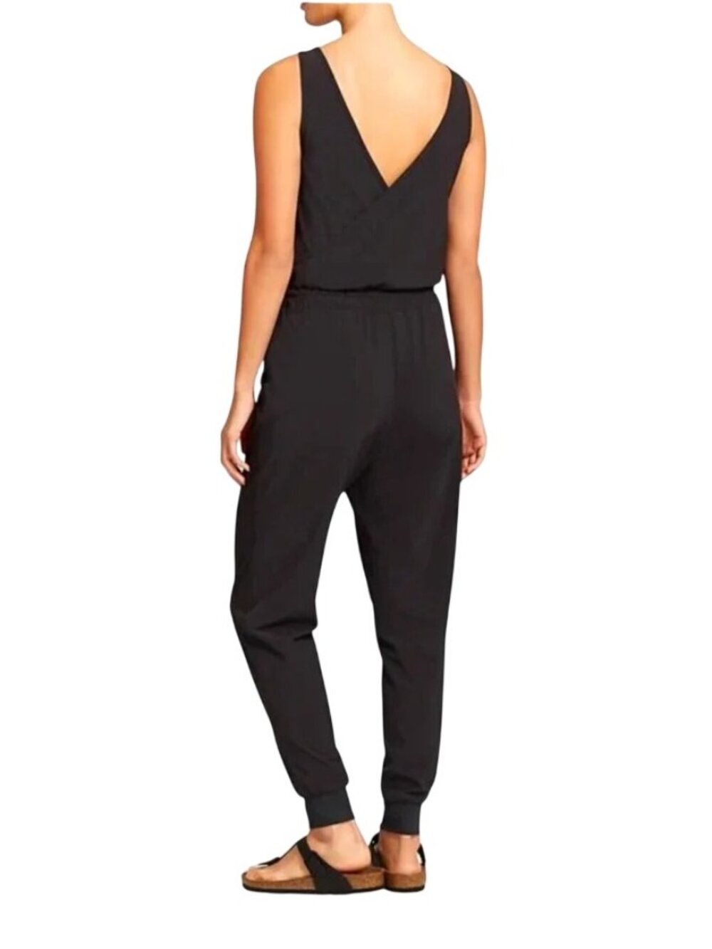 Athleta Black Sleeveless Crossback Romper Jumpsuit With Elastic Waist & Cuffed H